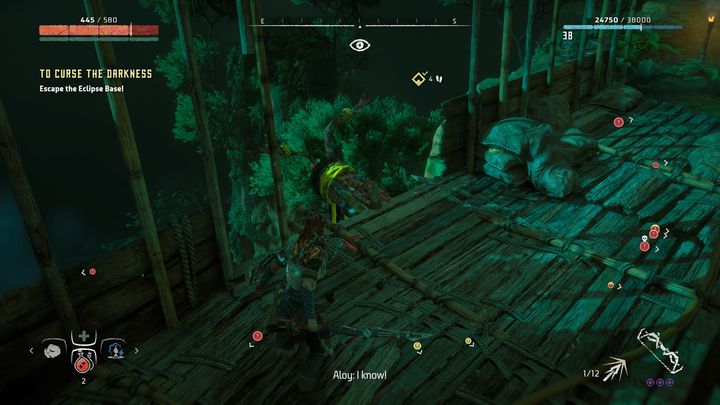 Your objective is the point on the bridge shown above that will help you escape from the dangerous area - Horizon Zero Dawn: To Curse the Darkness walkthrough, tips - Main Missions | Walkthrough - Horizon Zero Dawn Guide, Walkthrough