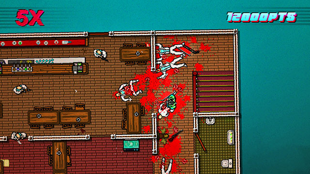 Another big group of enemies is below - Scene 17 - First Blood - Act 5 - Intermission - Hotline Miami 2: Wrong Number - Game Guide and Walkthrough