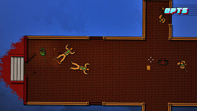 Thrown your weapon at the guard at the door, approach to him and finish him off - Scene 18 - Demolition - Act 5 - Intermission - Hotline Miami 2: Wrong Number - Game Guide and Walkthrough