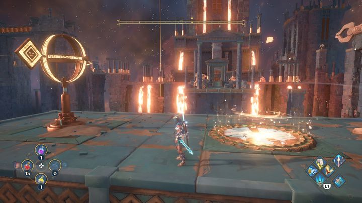 While at the very top of the building, shoot the next signpost and glide to the other end of the forge - Immortals Fenyx Rising: Dark Arts - walkthrough - Hephaestus quests - Immortals Fenyx Rising Guide