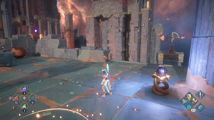 Once you reach the other side, shoot the signpost, because the wind will block you from moving a nearby wooden ball - Immortals Fenyx Rising: Dark Arts - walkthrough - Hephaestus quests - Immortals Fenyx Rising Guide