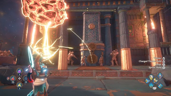 Pick up the newly created coal and throw it towards the first furnace - Immortals Fenyx Rising: Dark Arts - walkthrough - Hephaestus quests - Immortals Fenyx Rising Guide