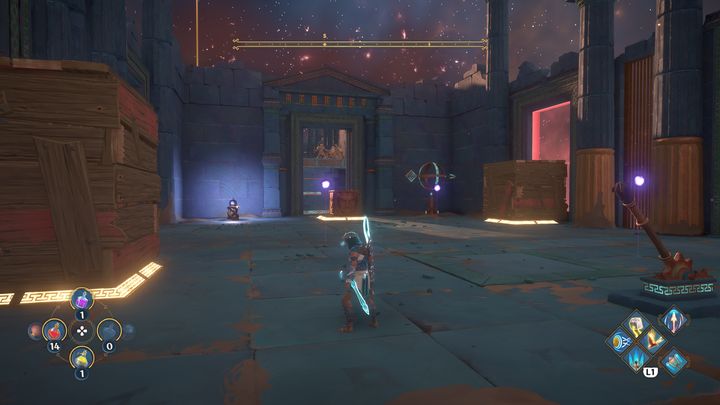 Now there is nothing left but to place the heavy block on the final platform, located near the red barrier - Immortals Fenyx Rising: Dark Arts - walkthrough - Hephaestus quests - Immortals Fenyx Rising Guide