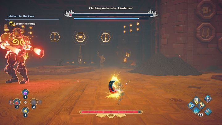 Even though the boss is easily stunned, remember that you can't keep him permanently knocked out - Immortals Fenyx Rising: Clanking Automaton Lieutenant - how to defeat the boss? - Bosses - Immortals Fenyx Rising Guide