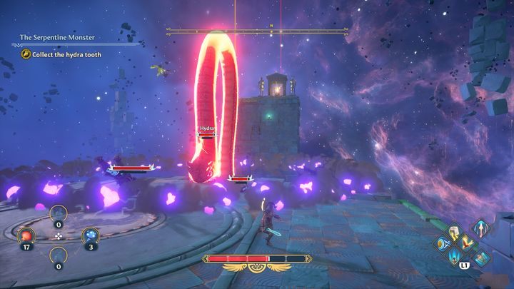 When Hydra begins to glow red, it means that it will most likely launch an attack that will create a toxic cloud on the ground - Immortals Fenyx Rising: boss encounter - Hydra - how to defeat? - Bosses - Immortals Fenyx Rising Guide