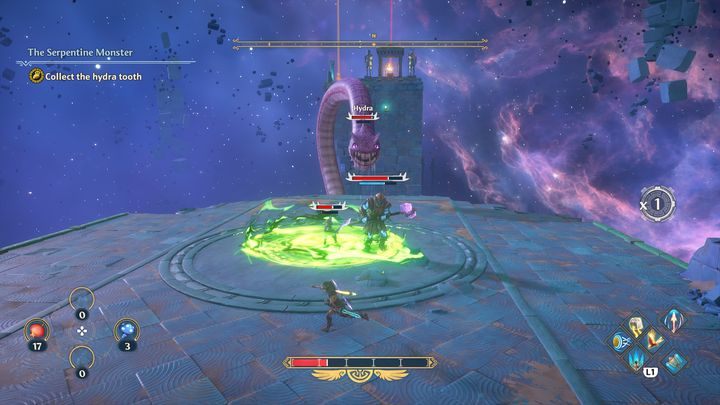 Hydra can also spit out acid, which lingers in the area for a long time - Immortals Fenyx Rising: boss encounter - Hydra - how to defeat? - Bosses - Immortals Fenyx Rising Guide