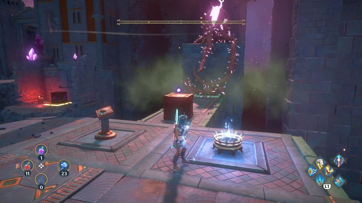 The second puzzle is to send Apollo's arrow towards the brazier and then set fire to the seed - Immortals Fenyx Rising: The Spiders Web - walkthrough - Main missions - Immortals Fenyx Rising Guide