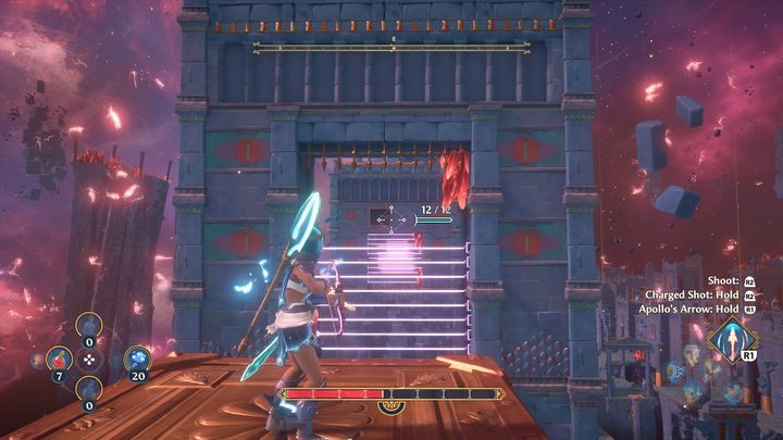 Then, when you drop the cube, use the Apollo's arrow to hit the target, which will disable the lasers - Immortals Fenyx Rising: The Spiders Web - walkthrough - Main missions - Immortals Fenyx Rising Guide