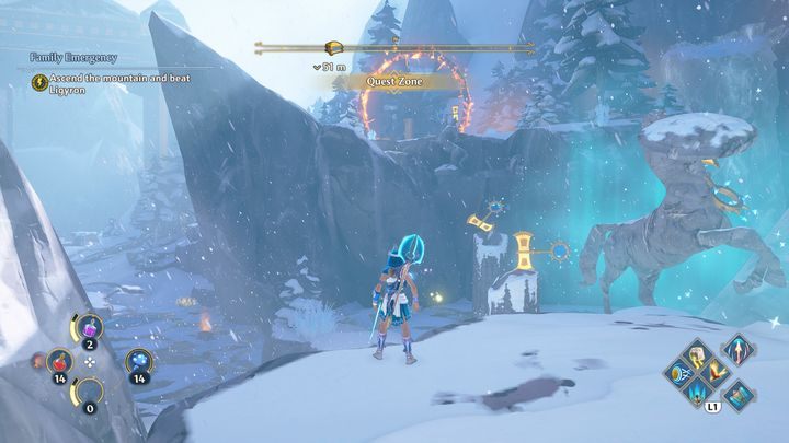 As you are completing the second obligatory main quest, in which you need to get to the very top of the mountain, you need to guide an Apollo's arrow towards the targets and the large wheel - Immortals Fenyx Rising: Chests (Kings Peak) - map, list - The royal summit - Immortals Fenyx Rising Guide