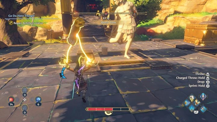 Right in the middle of the site where you fought the soldiers, there is a part of Achilles's statue (a foot) Pick it up, then go up to the statue and put the foot in the right place - Immortals Fenyx Rising: Go Do Hero Things! - walkthrough - Athenas quests - Immortals Fenyx Rising Guide