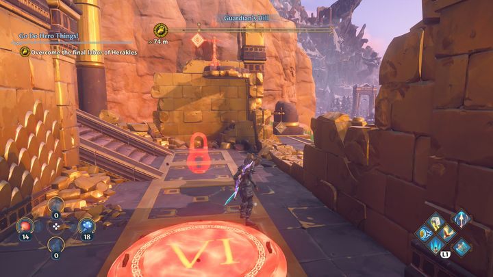 While going towards the sculpture of Cerberos, you will come across another puzzle, just shoot down the targets that are in front of you and stand on platform VI - Immortals Fenyx Rising: Go Do Hero Things! - walkthrough - Athenas quests - Immortals Fenyx Rising Guide