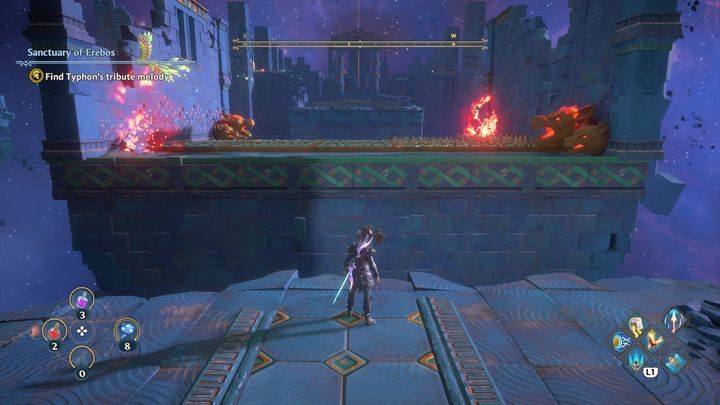 The first obstacle is a platform with spikes, simply jump on it when the spikes disappear, and continue further - Immortals Fenyx Rising: Pecking Orders - walkthrough - The tasks of Ares - Immortals Fenyx Rising Guide