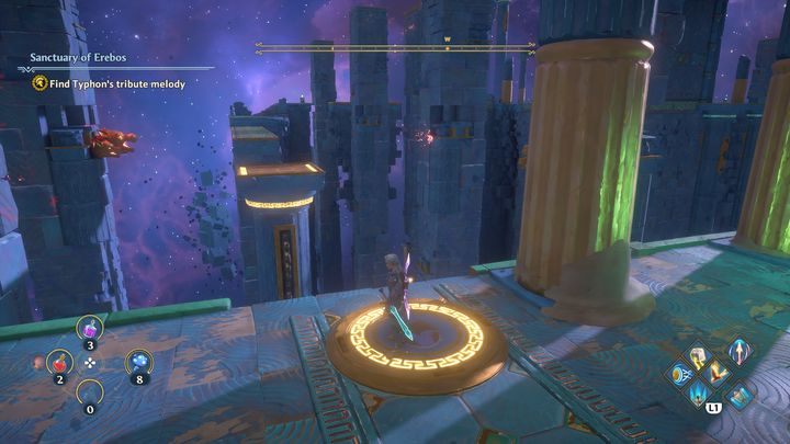 The next step is to get on the platform and wait for the pillar to reach you - Immortals Fenyx Rising: Pecking Orders - walkthrough - The tasks of Ares - Immortals Fenyx Rising Guide