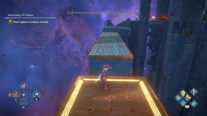 When the column arrives at other end, all that remains is to run across the spike platforms - Immortals Fenyx Rising: Pecking Orders - walkthrough - The tasks of Ares - Immortals Fenyx Rising Guide