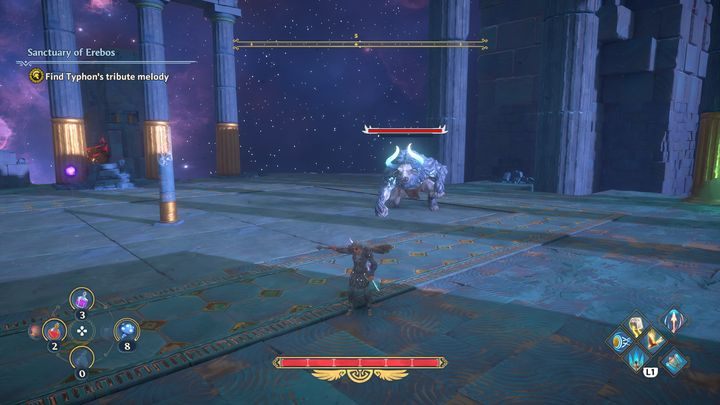 Once you've placed it, you'll be attacked by a Minotaur - Immortals Fenyx Rising: Pecking Orders - walkthrough - The tasks of Ares - Immortals Fenyx Rising Guide