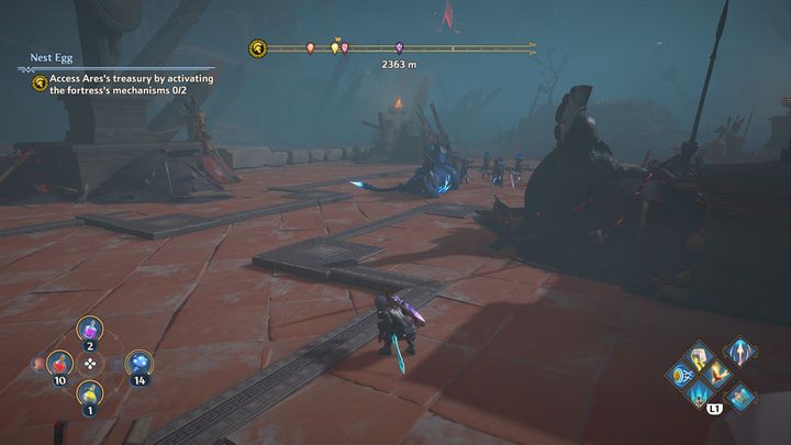 There is a body of water on your left side: dive into it so as not to get spotted and then go ahead quietly - Immortals Fenyx Rising: Nest Egg - walkthrough - The tasks of Ares - Immortals Fenyx Rising Guide