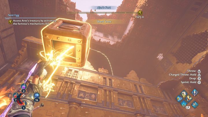 Throw a small block as high as you can (if you do not have a lot of stamina, use potions or throw the block gradually, to the left next to the lasers) - Immortals Fenyx Rising: Nest Egg - walkthrough - The tasks of Ares - Immortals Fenyx Rising Guide