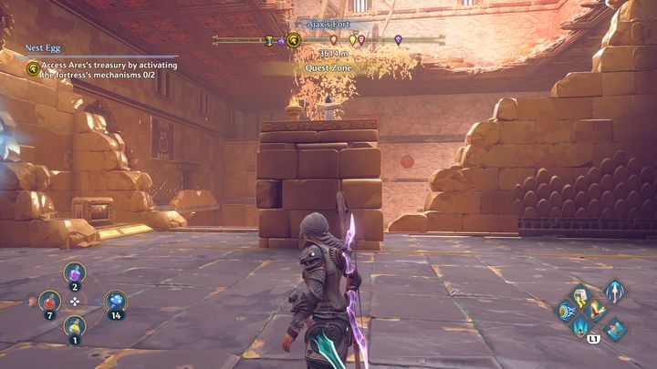 Place blocks on the platforms and then activate the button - Immortals Fenyx Rising: Nest Egg - walkthrough - The tasks of Ares - Immortals Fenyx Rising Guide