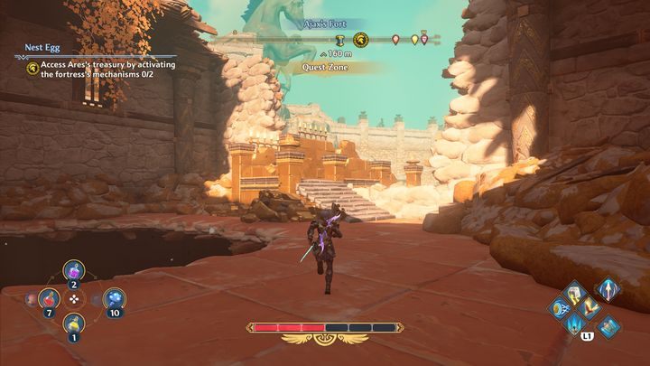 Head towards the exit, where you will find a button that will trigger one of the two mechanisms once activated - Immortals Fenyx Rising: Nest Egg - walkthrough - The tasks of Ares - Immortals Fenyx Rising Guide