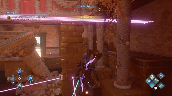 The problem begins with the fourth laser, because it is impossible to get onto it without receiving laser damage - Immortals Fenyx Rising: Nest Egg - walkthrough - The tasks of Ares - Immortals Fenyx Rising Guide