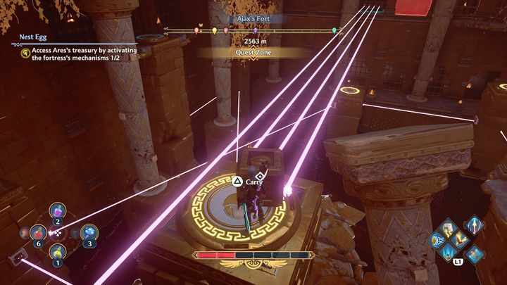 If you have a problem with this, instead of placing two blocks near the lasers, you can use one block to place it exactly where the lasers are - Immortals Fenyx Rising: Nest Egg - walkthrough - The tasks of Ares - Immortals Fenyx Rising Guide