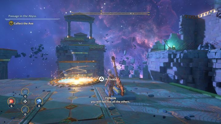 Interact with the lever again, so that new platforms appear on the right side - Immortals Fenyx Rising: Passage in the Abyss - walkthrough - Main missions - Immortals Fenyx Rising Guide