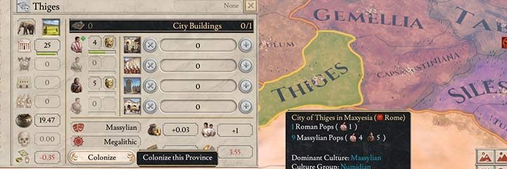 The process of colonizing Thiges required us to bring more citizens from nearby towns. Also, the lands around Thiges had to belong to Rome to be able to colonize it. The new town has 9 citizens, but more importantly, Rome gains access to Elephants! - Colonization in Imperator Rome - Basic tips - Imperator Rome Guide