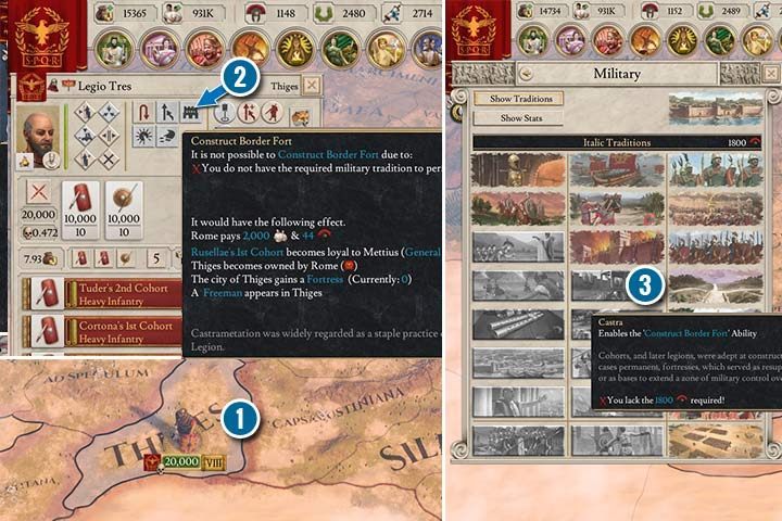To colonize an independent province (1) by constructing a border fort (2), you need to unlock a special military tradition available only for nations from the Italic group. - Colonization in Imperator Rome - Basic tips - Imperator Rome Guide