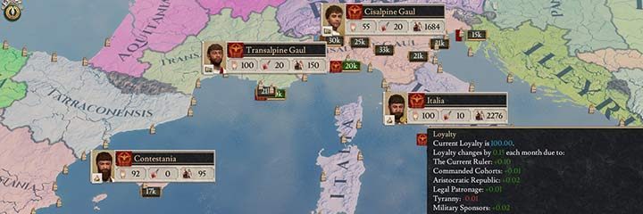 Each region is run by a governor. Change the map view to see all the regions - the game will mark the borders of all the regions. This view also shows your governors along with various stats such as their loyalty, corruption, and population of their region. - Governors in Imperator Rome - Managing the country - Imperator Rome Guide