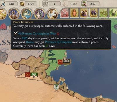 3) If you have achieved the objectives of your reason for war for a long time, you may receive information about the automatic signing of peace - Casus Belli - Reason for war in Imperator Rome - War - Imperator Rome Guide