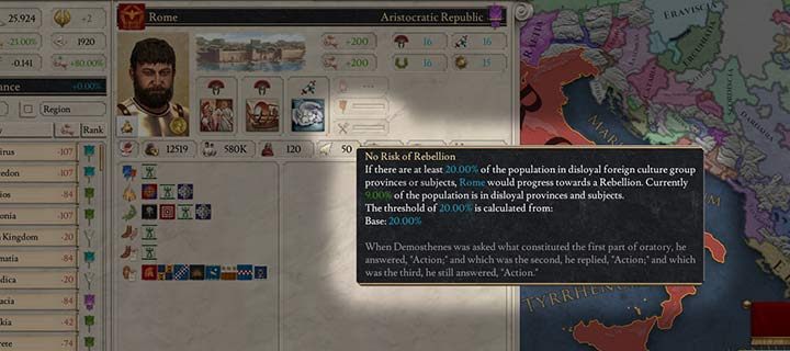 The situation in Rome is stable, although 9% of residents are dissatisfied. The progress of the rebels can be found in the nation overview or in the diplomatic overview. - Rebellions and barbarians in Imperator Rome - War - Imperator Rome Guide