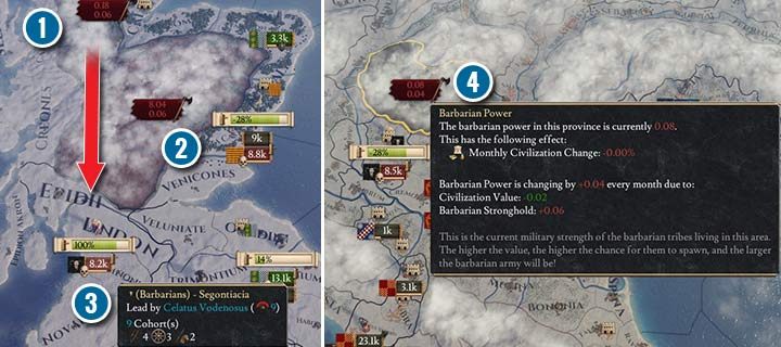 There are two areas in the Northern region of the British Isles, in hands of barbarians. The Horde of barbarians has recently set off from Northern Headquarters (1). In another region (2) the barbarians are still growing in power, but have not yet formed an army. A Horde from the North has started to conquer neighboring city (3). You can set a special preview mode to quickly find the barbarians and check their current level of power (4). - Rebellions and barbarians in Imperator Rome - War - Imperator Rome Guide
