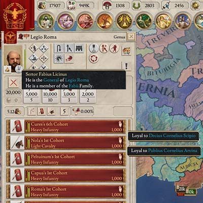 Several cohorts are loyal to General Fabius, but the light cavalry is loyal to Senator Decius, and one of the heavy infantry units is loyal to Publius, who is the leader of the populist faction. This legion could pose a threat to the Republic. - Loyalty of the character, the province and the army in Imperator Rome - Government - Imperator Rome Guide