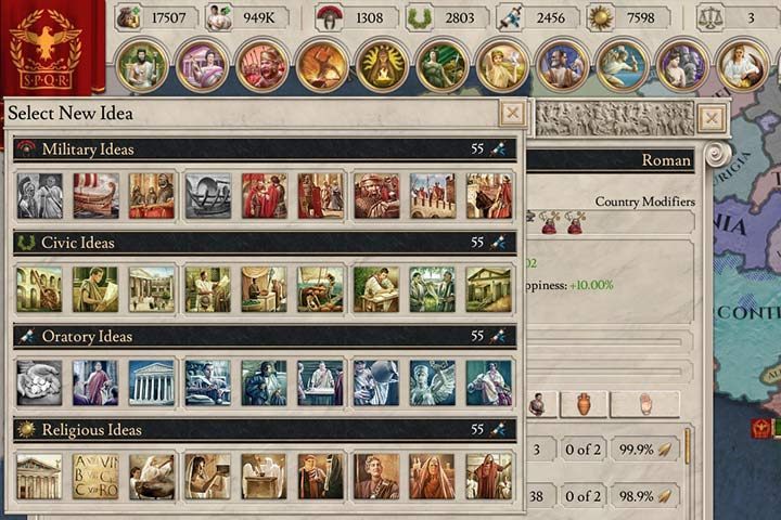 There is a total of 36 national ideas, where each gives different bonuses. Some of them need to be unlocked through technological progress. - National Ideas in Imperator Rome - Government - Imperator Rome Guide