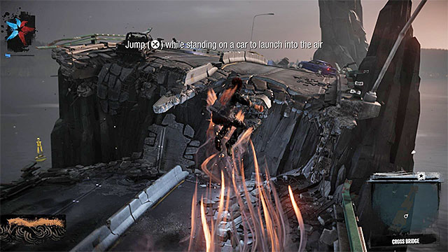 You have to bounce from the car roof and after a successful flight to land on the higher shelf - Prologue: Parting of the Ways - Walkthrough - inFamous: Second Son - Game Guide and Walkthrough