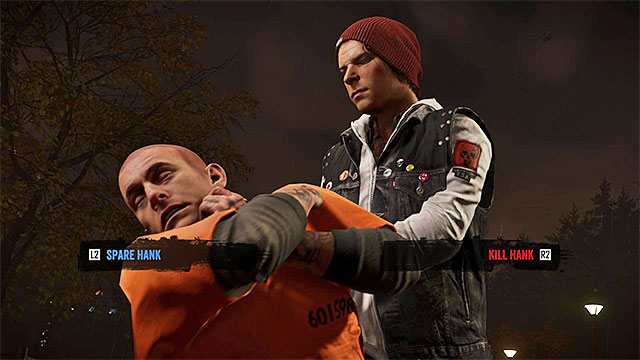 After you approach Hank (it is a good idea to fly there) and land any attack, against him (even the weakest one) you will watch a cutscene, featuring him, and you will have to take another important decision(the above screenshot) - 15: Quid pro Quo - finding Hank - Walkthrough - inFamous: Second Son - Game Guide and Walkthrough