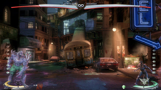 At the right edge of the arena theres neon Hotel sign with an arrow - Injustice Gods Among Us: Gotham, arena guide - Arenas - Injustice: Gods Among Us Game Guide