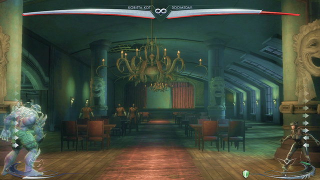 On the right side of the arena theres a chandelier, it can be used by jumping up - Injustice Gods Among Us: Arkham Asylum - Jokers Asylum, arena guide - Arenas - Injustice: Gods Among Us Game Guide