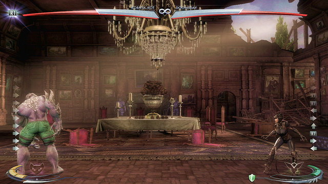 In the middle of the arena in the background theres a served table, while fighting beside you can throw the enemy at it - Injustice Gods Among Us: Wayne Manor - Wayne Manor Night, arena guide - Arenas - Injustice: Gods Among Us Game Guide