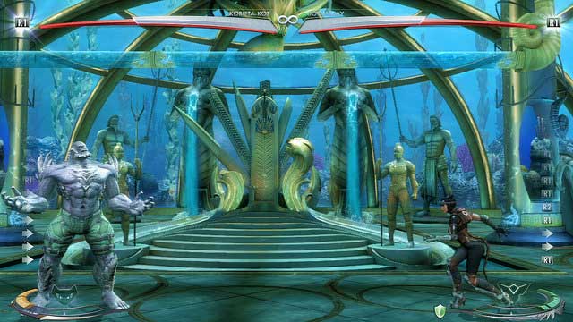 In the middle of the arena in the background theres a throne, when fighting beside you can throw the enemy at it - Injustice Gods Among Us: Atlantis, arena guide - Arenas - Injustice: Gods Among Us Game Guide