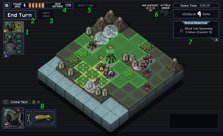This list shows the list of the currently available units - Into the Breach: Interface - Battle Map - Basics - Into the Breach Game Guide