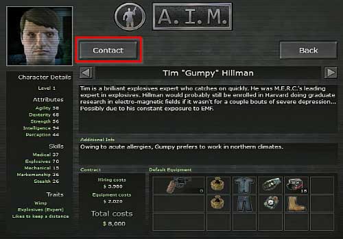 LMB on the mercenary, to see his exact statistics and equipment - Command Center - Campaign - introduction & Command Center - Jagged Alliance: Crossfire - Game Guide and Walkthrough
