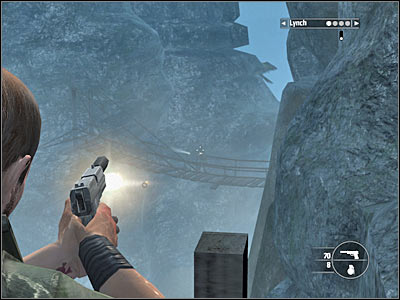 Approach the destroyed bridge and press the action key in order to attach a rope and rappel down - Chapter 13 - part 4 - Walkthrough - Kane & Lynch: Dead Men - Game Guide and Walkthrough