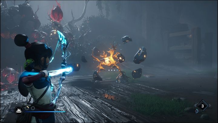 Once that happens, shoot his weak spot in the center of his body - Kena Bridge of Spirits: Help the Woodsmith - walkthrough - Walkthrough - Kena Bridge of Spirits Guide