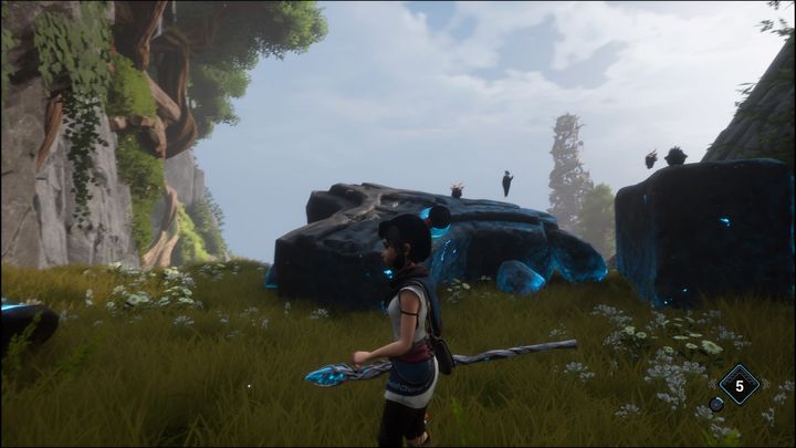 As you emerge from the other side of the cave to the surface, you will see shimmering blue stone structures - Kena Bridge of Spirits: Adiras Fear - walkthrough - Walkthrough - Kena Bridge of Spirits Guide