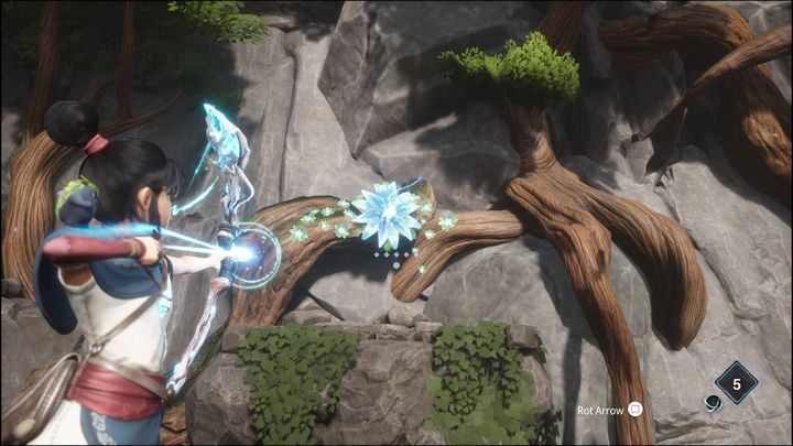 While jumping on the platforms, shoot an arrow quickly towards the blue flower - Kena Bridge of Spirits: Adiras Fear - walkthrough - Walkthrough - Kena Bridge of Spirits Guide