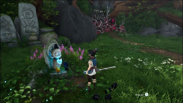 You should mainly focus on cleaning the sculpture visible in the screenshot - Kena Bridge of Spirits: Help Taro - walkthrough - Walkthrough - Kena Bridge of Spirits Guide