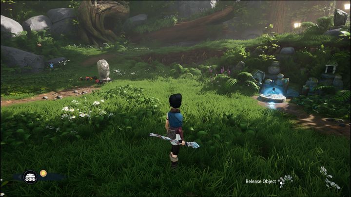 Before you go any further, go back and place the sculpture on the left, on the platform that glows blue - Kena Bridge of Spirits: Find Rusu - walkthrough - Walkthrough - Kena Bridge of Spirits Guide