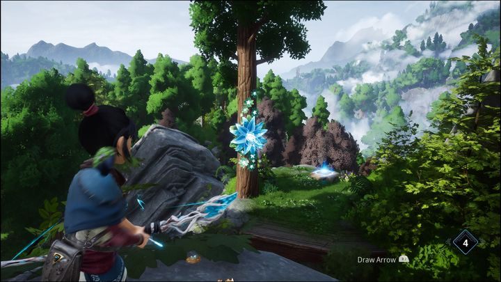 Before you progress further, seek out a blue flower on a tree on the right, past the destroyed bridge - Kena Bridge of Spirits: Taros Fear - walkthrough - Walkthrough - Kena Bridge of Spirits Guide