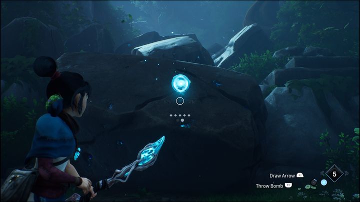 Then, once you're on the other side, stick the bomb to the highlighted rocks and then quickly run to the next gateway, as the new road won't be available for too long, and the falling boulders could kill you - Kena Bridge of Spirits: Hunter Path - walkthrough - Walkthrough - Kena Bridge of Spirits Guide